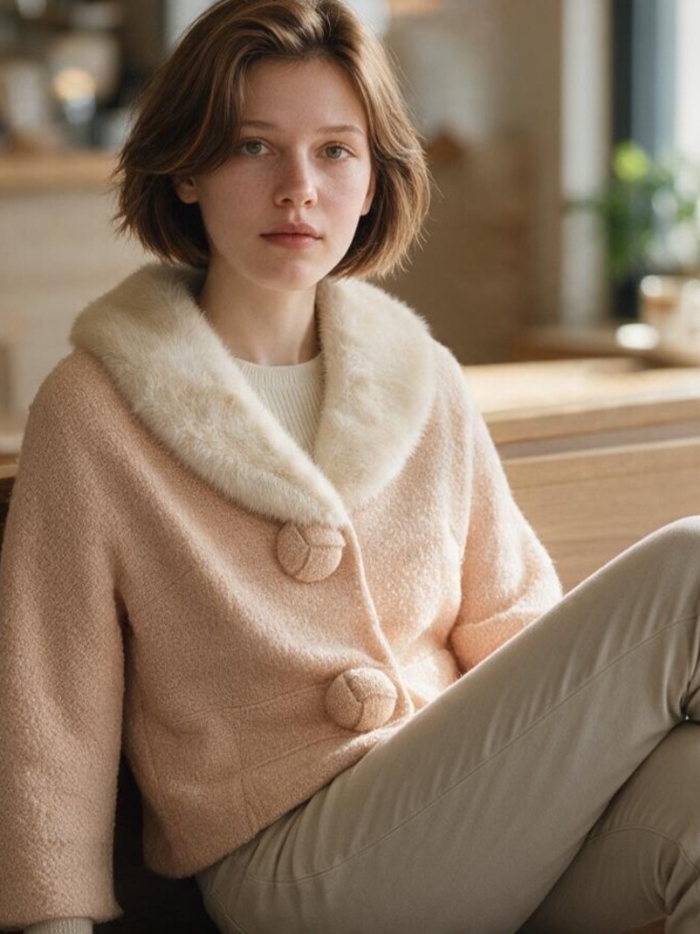 Vintage Bouclé Wool Jacket, Real Mink Collar, Dusty Pink, Lined, SM